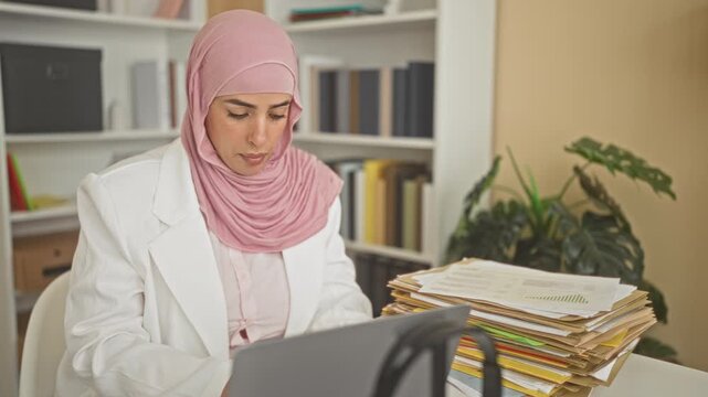 Woman with pink scarf typing on laptop with hands at keyboard beside a stack of files in office building; concentration.