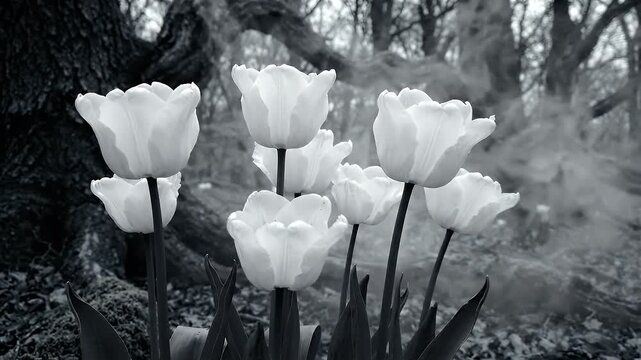 Ethereal White Tulips in Moody Forest - A cluster of delicate white tulips stands out against a dark, misty forest background.