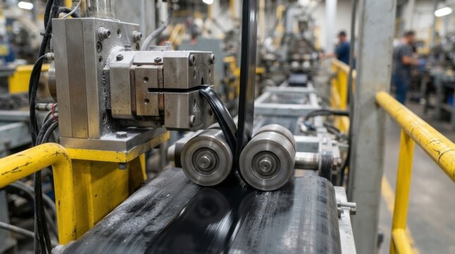 Macro view of rubber extrusion die shaping glossy elastomer ribbon past cooling rollers with yellow guardrails