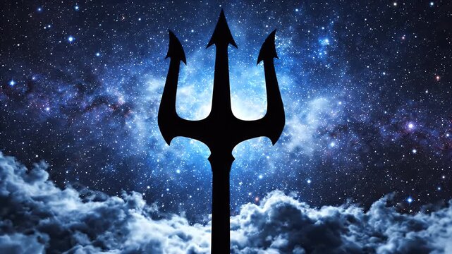 Black Trident Silhouette Against Starry Night Sky and Clouds - A striking black silhouette of a trident is superimposed against a vibrant, star-filled night sky with swirling nebulae.