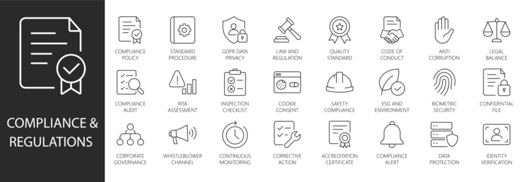 Compliance and regulations editable stroke line icon set with legal audit, gdpr data privacy, risk assessment, corporate governance, and quality policy vector.