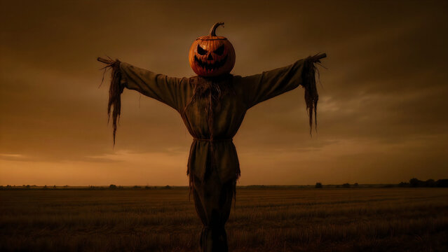 Scarecrow with a carved pumpkin head standing in an open field under a cloudy sunset sky with carved jack lantern stands vast field
