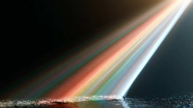 Optical prism light refraction splitting a bright beam into a colorful rainbow spectrum on a dark reflective surface.
