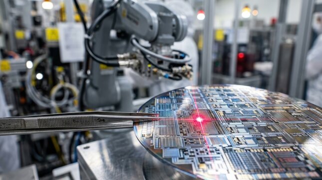 Macro shot of a silicon wafer held by tweezers under inspection with circuit patterns and red alignment lights in a semiconductor fab