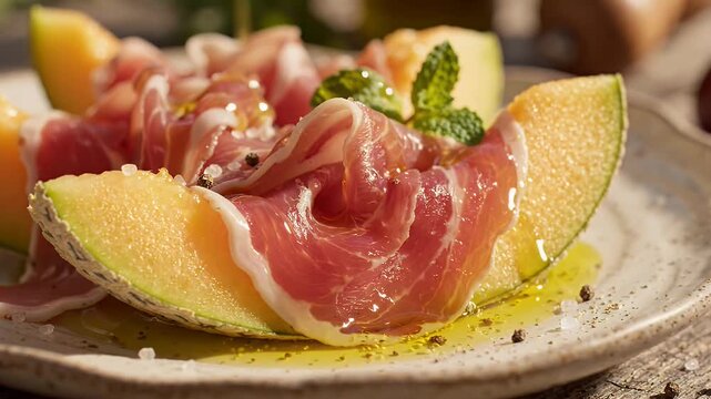 Melon with Cured Ham and Mint - Slices of ripe melon are layered with delicate strips of cured ham, drizzled with olive oil and sprinkled with coarse salt and black pepper.