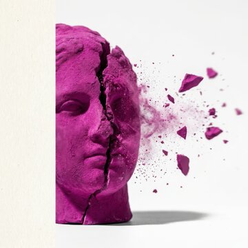 Fragmented purple bust sculpture on white background