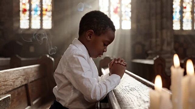 Young Boy Praying in Church - A young Black boy in a white shirt kneels and prays in a church pew, with stained glass windows and lit candles visible in the background.