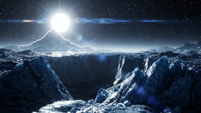 Alien Ice World With Bright Star - A futuristic alien landscape featuring a brilliant bright star shining over snow-capped mountains and a deep icy chasm.