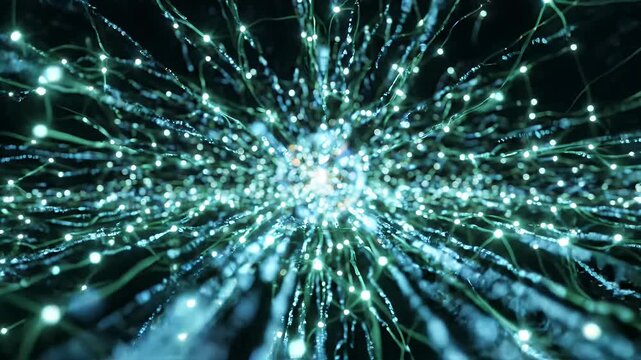Neural Network Synapse Network Connection 3D Animation - A close-up view of a glowing, interconnected network of light particles resembling a neural network or synapse firing.
