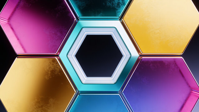 Abstract 3D honeycomb pattern with vibrant jewel-toned metallic hexagonal tiles and central glowing frame