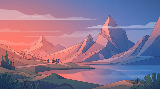 Abstract Low Poly Mountain Landscape with Coral and Blue Gradient