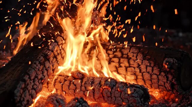 Close-up of Burning Logs in Campfire - Close-up view of logs burning intensely in a campfire, with bright orange flames and glowing embers. Sparks fly upwards, creating a dynamic and warm visual.