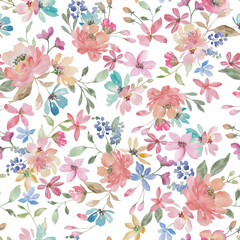 Fototapeta premium Watercolor Spring Wildflower Seamless Pattern, Pastel Coral Pink Blue Floral Background for Summer Fabric, Wallpaper, Nursery Textile Print. Hand Painted illustration