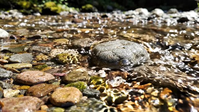 Close-up of Clear Water Flowing Over Pebbles - A low-angle shot captures the sunlight glinting off the surface of a shallow stream as it flows over a bed of colorful, smooth pebbles.