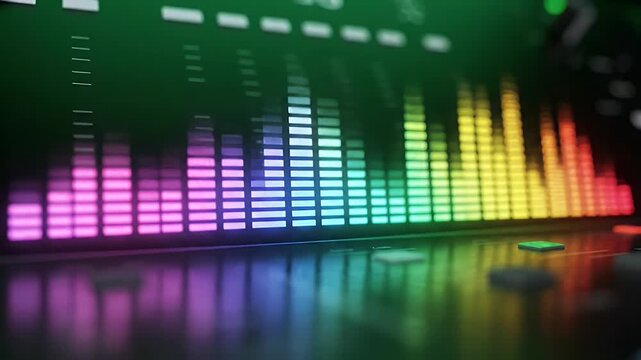 Colorful Audio Spectrum Visualizer Reflected - A digital audio equalizer displays a vibrant spectrum of light bars in a rainbow gradient, from pink and purple to yellow and red.