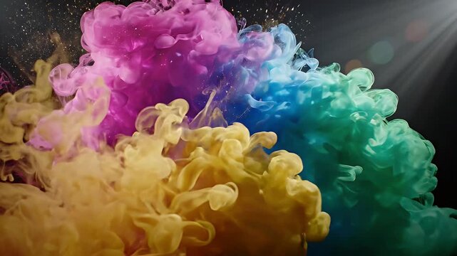 Colorful Smoke Explosion Background - Vibrant clouds of pink, blue, and yellow smoke swirl against a dark background, illuminated by rays of light.