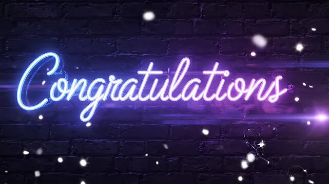 Neon Congratulations on Brick Wall with Falling Snow - A bright neon sign displaying the word "Congratulations" in a cursive font glows against a dark brick wall background.