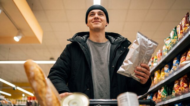A young man with a smile enjoys grocery shopping, pushing a cart laden with fresh bread and snacks through a brightly lit supermarket aisle, capturing the everyday joy of consumerism.