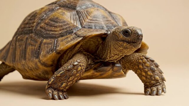 Close Up of Tortoise Walking - A detailed close-up shot of a tortoise with a textured shell and scaly legs as it walks forward against a plain, light brown background.