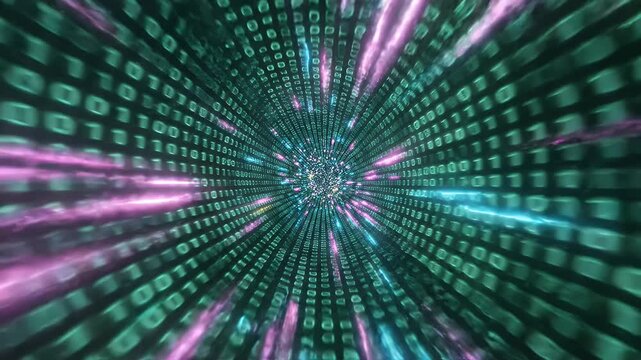 Digital Data Tunnel Speed - A futuristic digital tunnel formed by binary code, with streaks of pink and blue light emanating from a bright center.