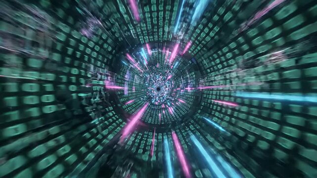 Digital Data Tunnel Speed Effect - This abstract visual features a fast-moving tunnel effect composed of binary code in green hues.