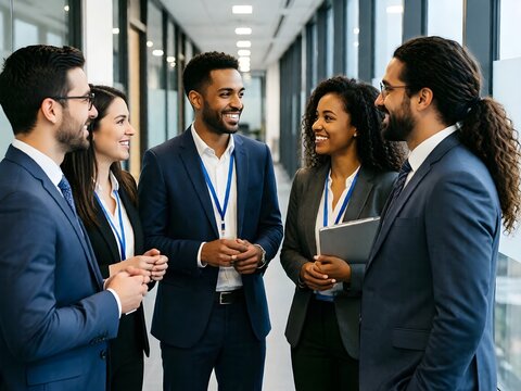 A diverse group of business people engaging in a friendly conversation in an office hallway. The image captures a positive and collaborative work environment with multicultural colleagues.