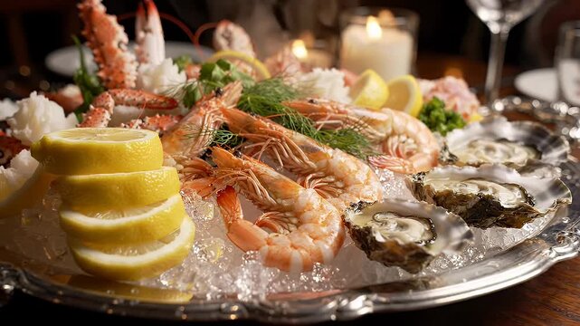 Seafood Platter with Oysters and Shrimp on Ice - A luxurious seafood platter features succulent oysters and plump shrimp served on a bed of crushed ice, garnished with lemon slices and fresh dill.