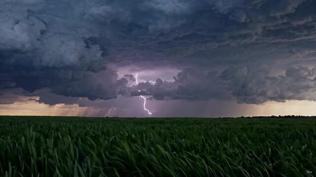 Approaching Thunderstorm Over Grassy Field - A dramatic sky filled with dark, heavy storm clouds looms over a vibrant green grassy field.