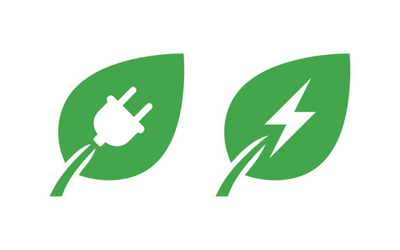 Green leaf icons with electric plug and lightning bolt symbols eco friendly green energy sustainable renewable  energy 