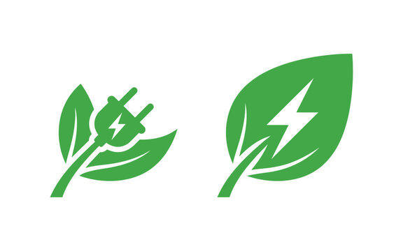 Green leaf icons with electric plug and lightning bolt symbols eco friendly green energy sustainable energy renewable ene