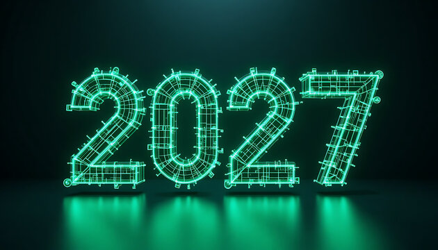 Large glowing neon green numbers 2027 composed of interconnected geometric wireframe lines and illuminated nodes reflected on a smooth surface with dark background new year 2027 celebrate 