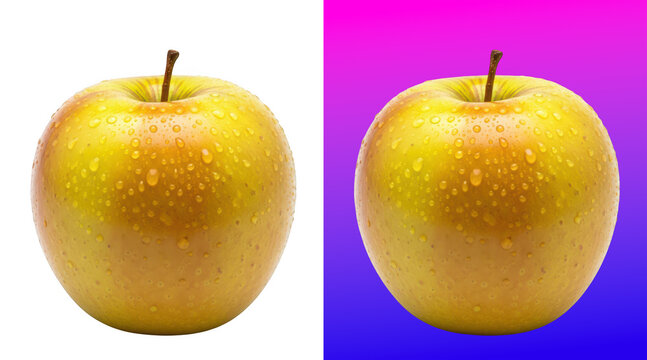 Fresh dew-covered apple close-up vibrant background