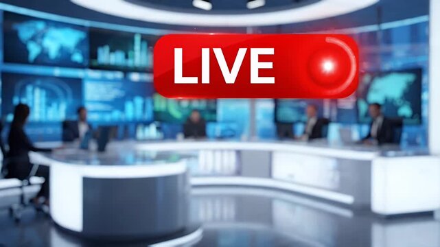Live Broadcast News Studio - A news studio with a circular desk and multiple screens displaying information. A red "LIVE" notification is prominent in the foreground, indicating an ongoing broadcast.