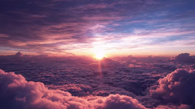 Majestic Sunset Above the Clouds - A breathtaking view from above the clouds captures the vibrant hues of a sunset painting the sky.