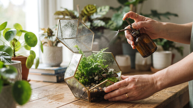 woman hands spraying mist water on small glass geometric terrarium with green ferns and moss indoor houseplant care and gardening routine close up shot