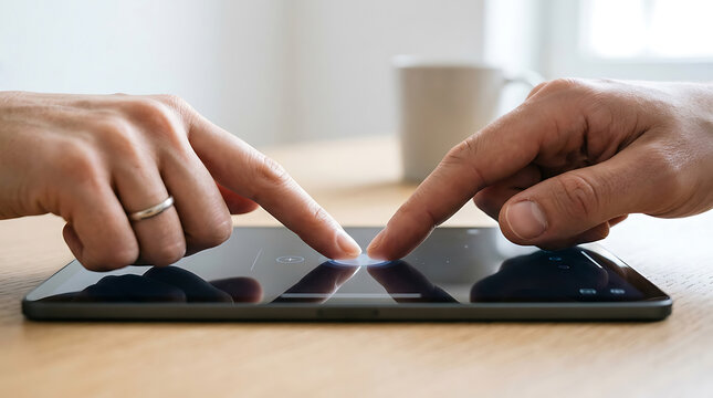Two people's fingers touch tablet screen for shared digital interaction.