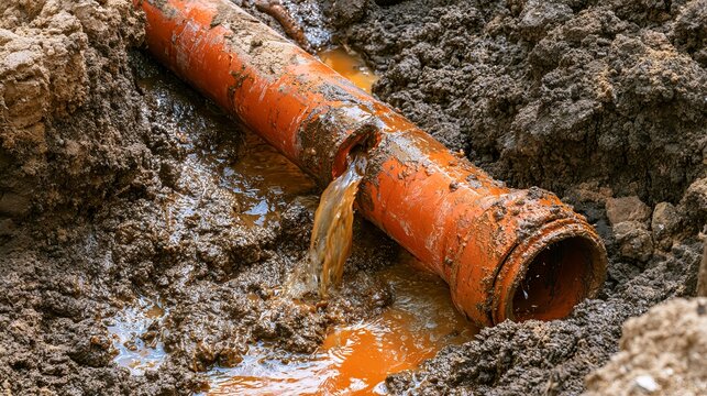 Damaged orange underground pipe leaking water and mud inside an excavated trench, illustrating plumbing accidents, infrastructure damage, drainage problems, repair work, maintenance and construction