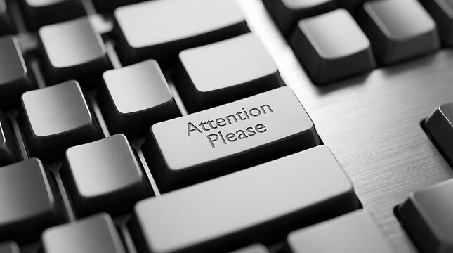 A close-up shot of an attention please keyboard with black keys focusing on communication and notice message.
