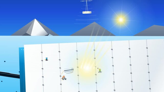 2D animation of alpine glacier conservation using reflective blankets to protect ice from summer solar radiation, climate change mitigation concept