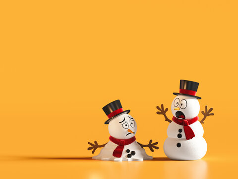 Two Snowman on yellow background with copy space. 3D Rendering, 3D Illustration