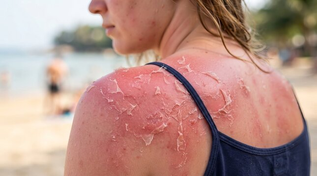 Close up rear view of a young woman on the beach with severe sunburned skin peaking and redness.