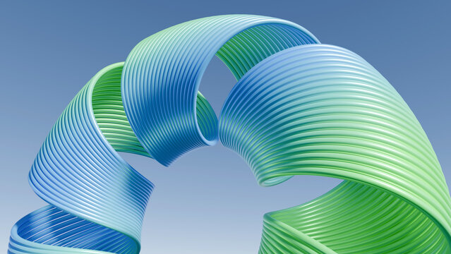 Abstract 3D curved green blue ribbon background with ribbed lines. Perfect for modern tech branding, presentations, and digital banner design