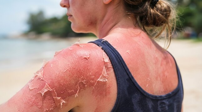 Severe Sunburn Skin Damage With Pealing Skin And Red Burnt Flesh Pain After Excess Summer Sun Use.