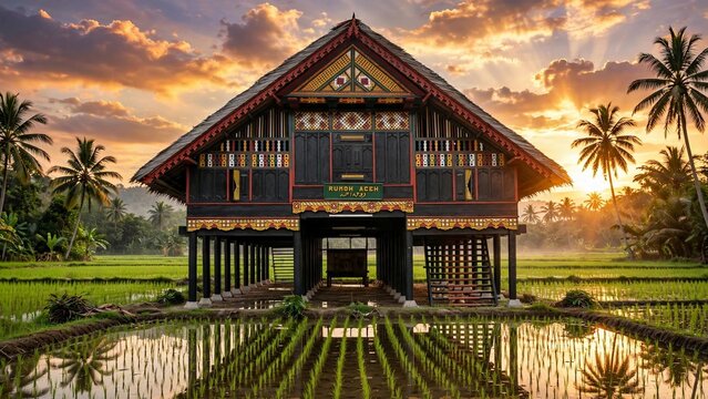 Rumoh Aceh Traditional House in Rice Field at Golden Sunset