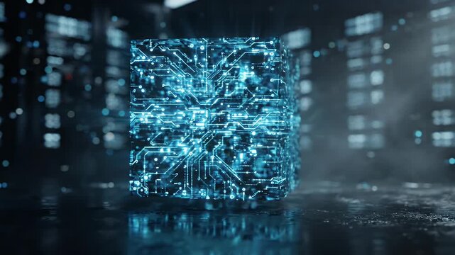 Futuristic Circuit Board Cube Floating in Digital Cityscape - A glowing blue cube resembling a complex circuit board floats in a dark, futuristic city.