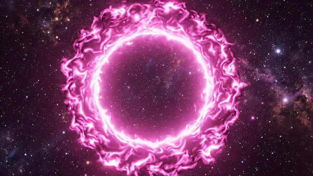 Pink Energy Sphere in Cosmic Nebula - A glowing pink energy sphere emanates light and electric tendrils outwards, set against a backdrop of a vibrant purple cosmic nebula filled with stars.