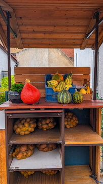 Halloween farm stand with fresh pumpkins, gourds, and potatoes on wooden shelves