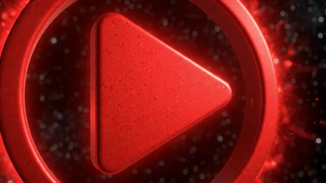 Red Play Button with Cosmic Background - A striking red play button icon is prominently featured against a dark, cosmic backdrop filled with glowing nebulas and small, shimmering lights.