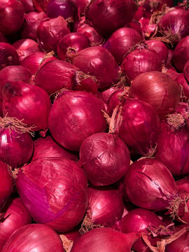Red onions in market vertical