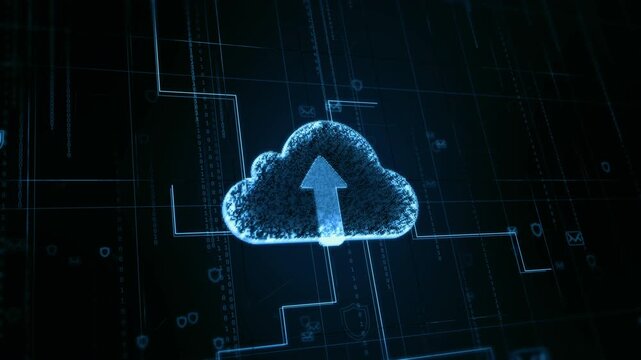 Data backup concept with a glowing digital cloud icon, perfect for technologyrelated designs needing a modern touch. Suitable for tech projects and web graphics.